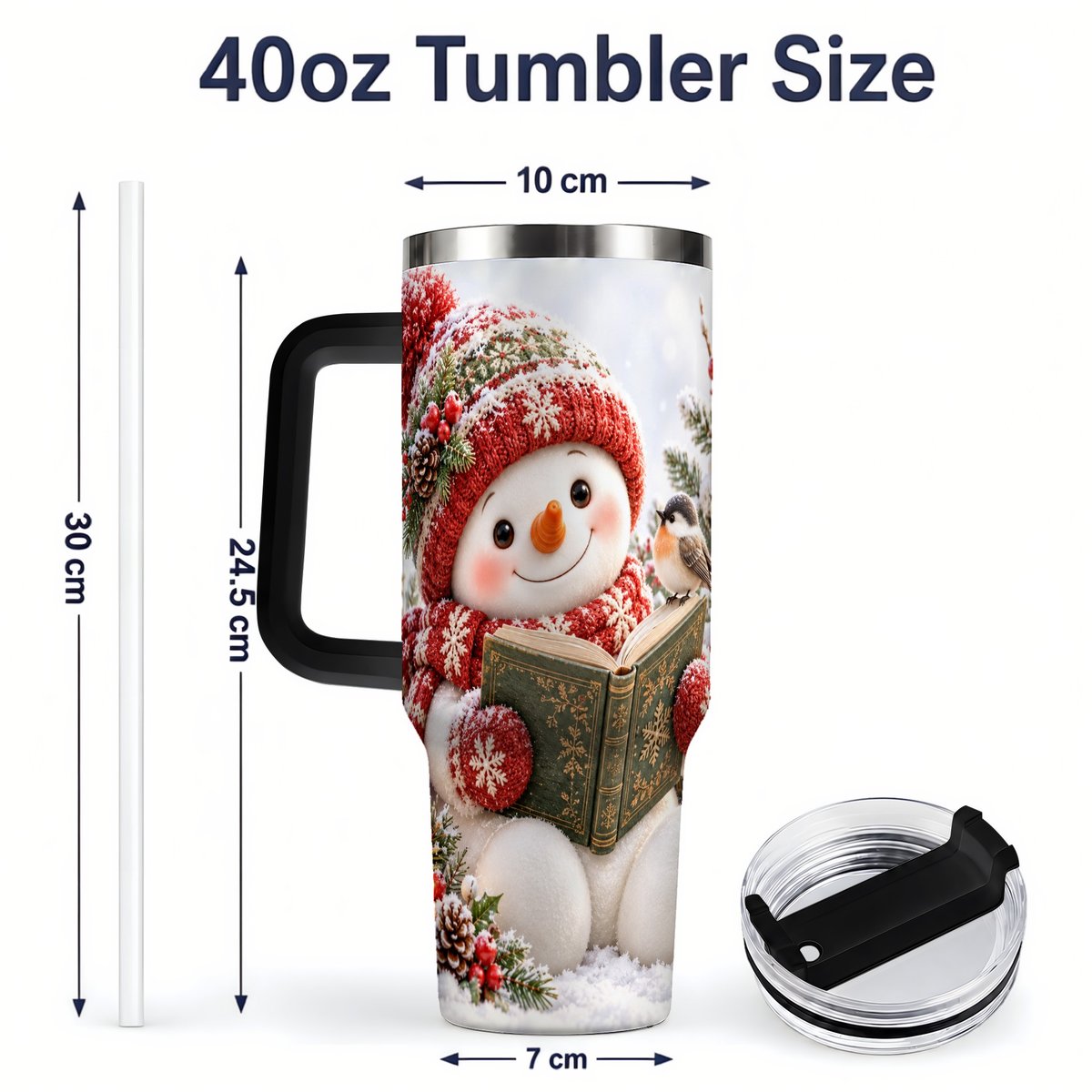 #pl[40oz|Black] Reading Snowman Tumbler 40oz, Winter Book Artwork