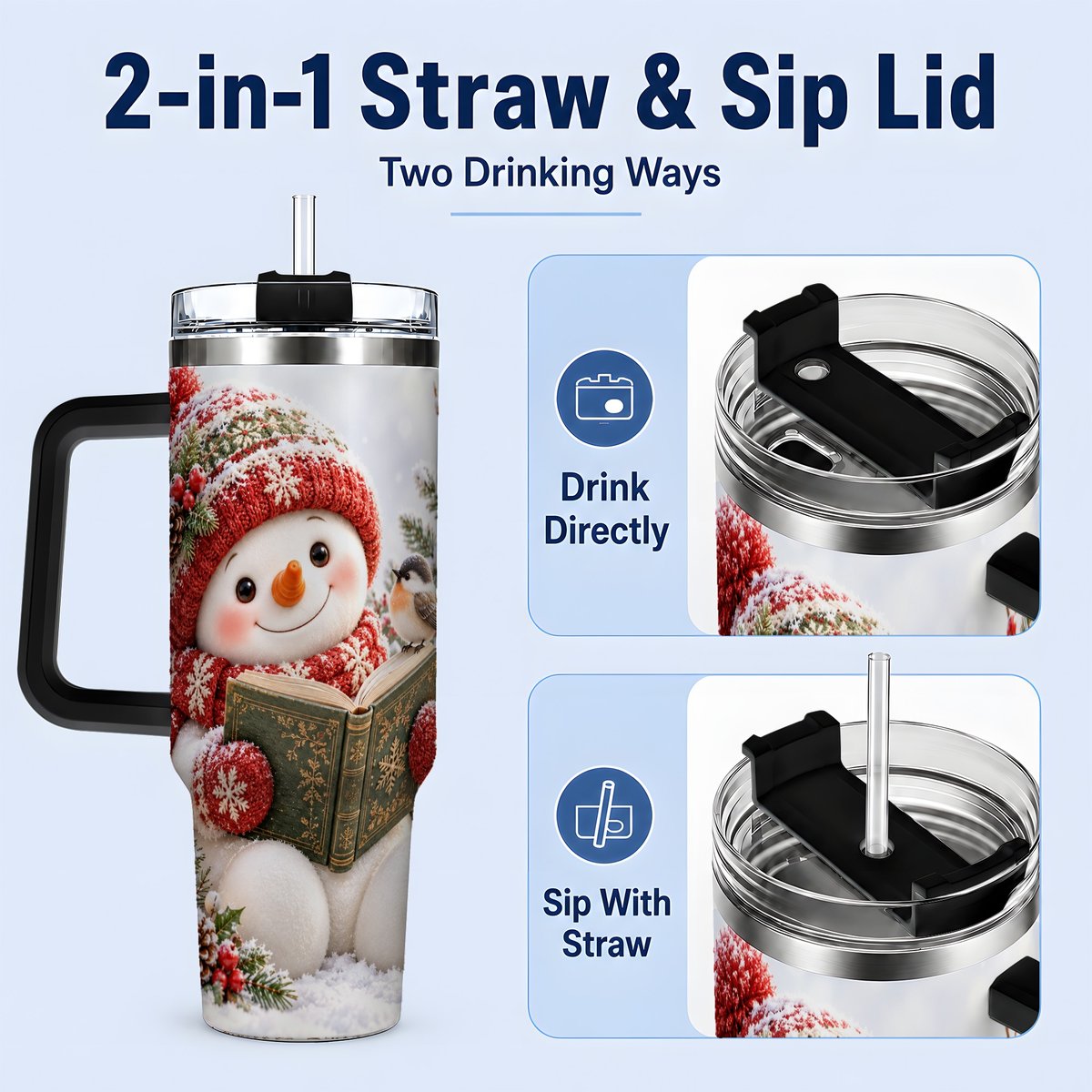 #pl[40oz|Black] Reading Snowman Tumbler 40oz, Winter Book Artwork