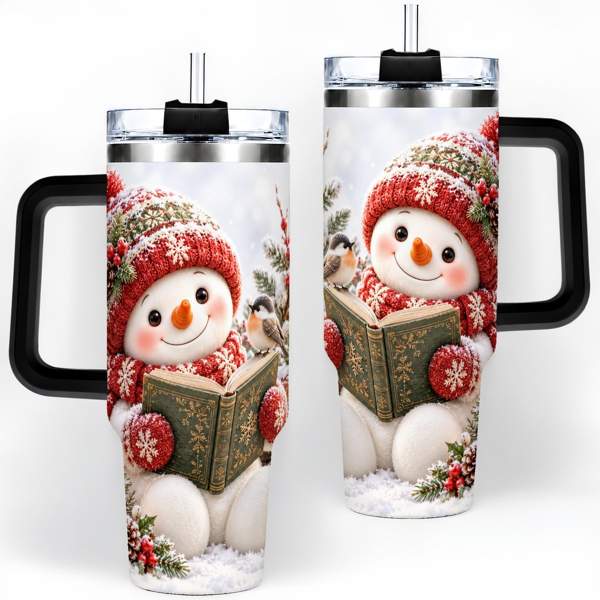 #pl[40oz|Black] Reading Snowman Tumbler 40oz, Winter Book Artwork