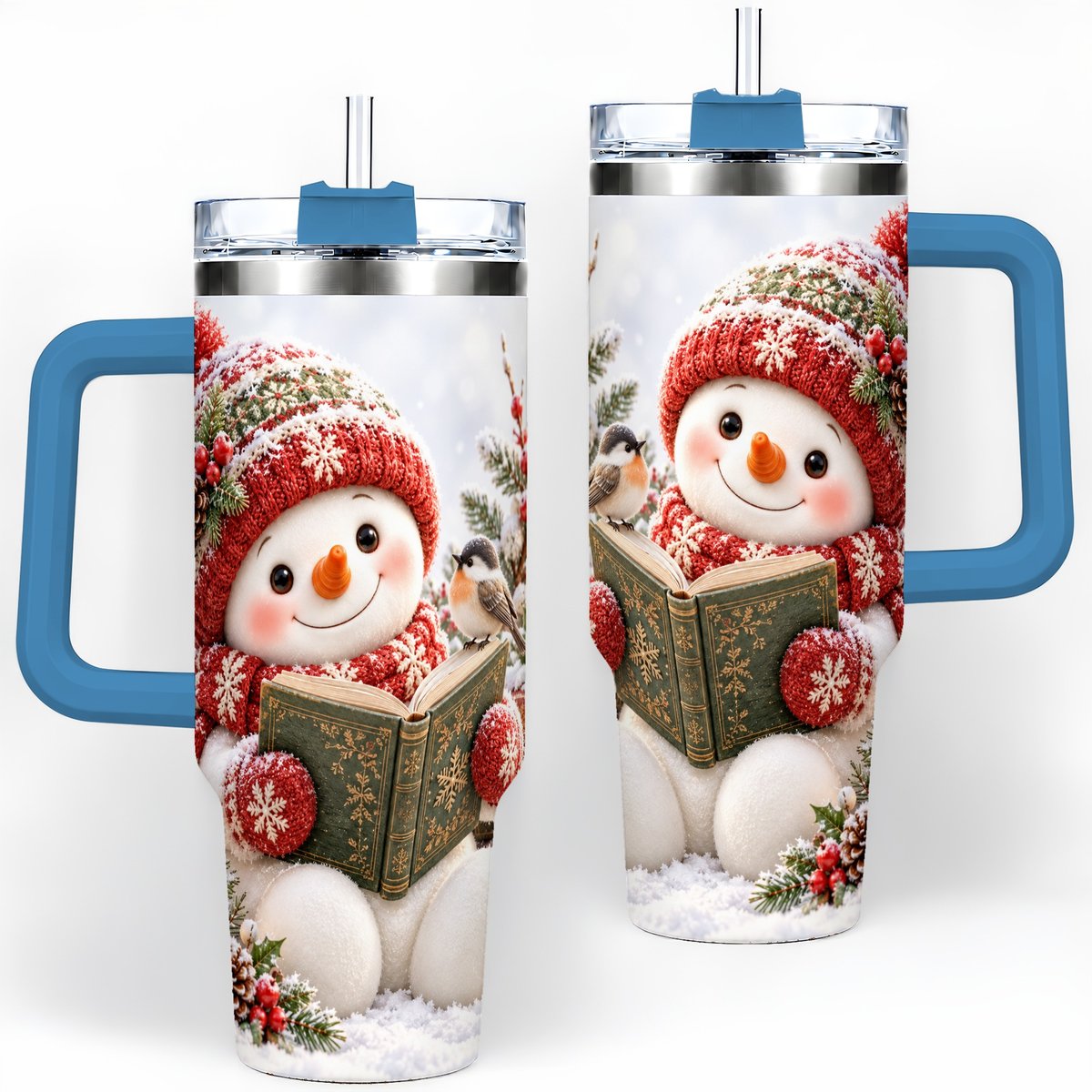 #pl[40oz|Blue] Reading Snowman Tumbler 40oz, Winter Book Artwork