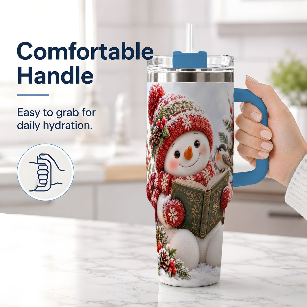 #pl[40oz|Blue] Reading Snowman Tumbler 40oz, Winter Book Artwork