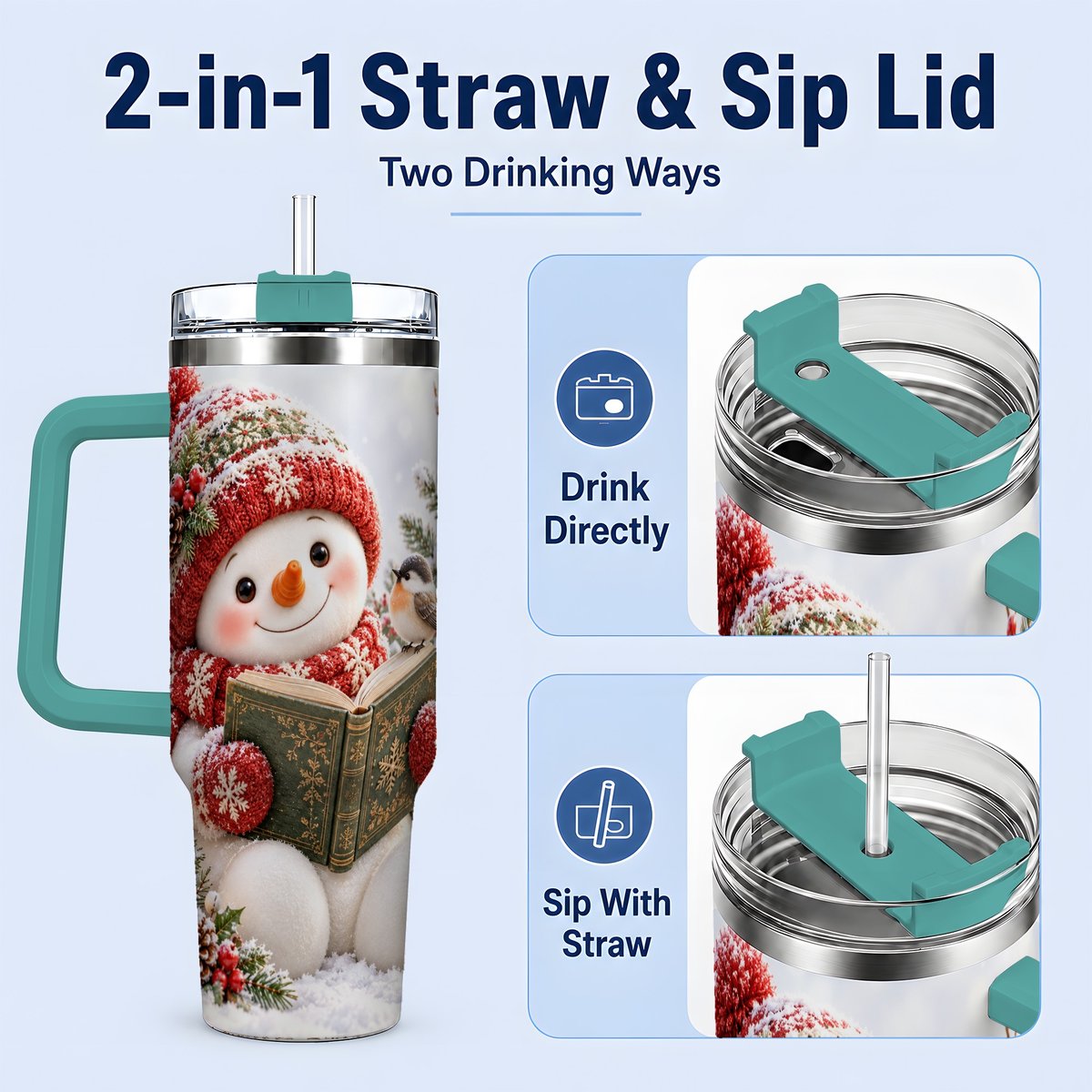 #pl[40oz|Green] Reading Snowman Tumbler 40oz, Winter Book Artwork