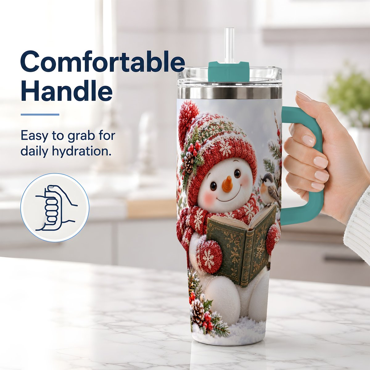 #pl[40oz|Green] Reading Snowman Tumbler 40oz, Winter Book Artwork