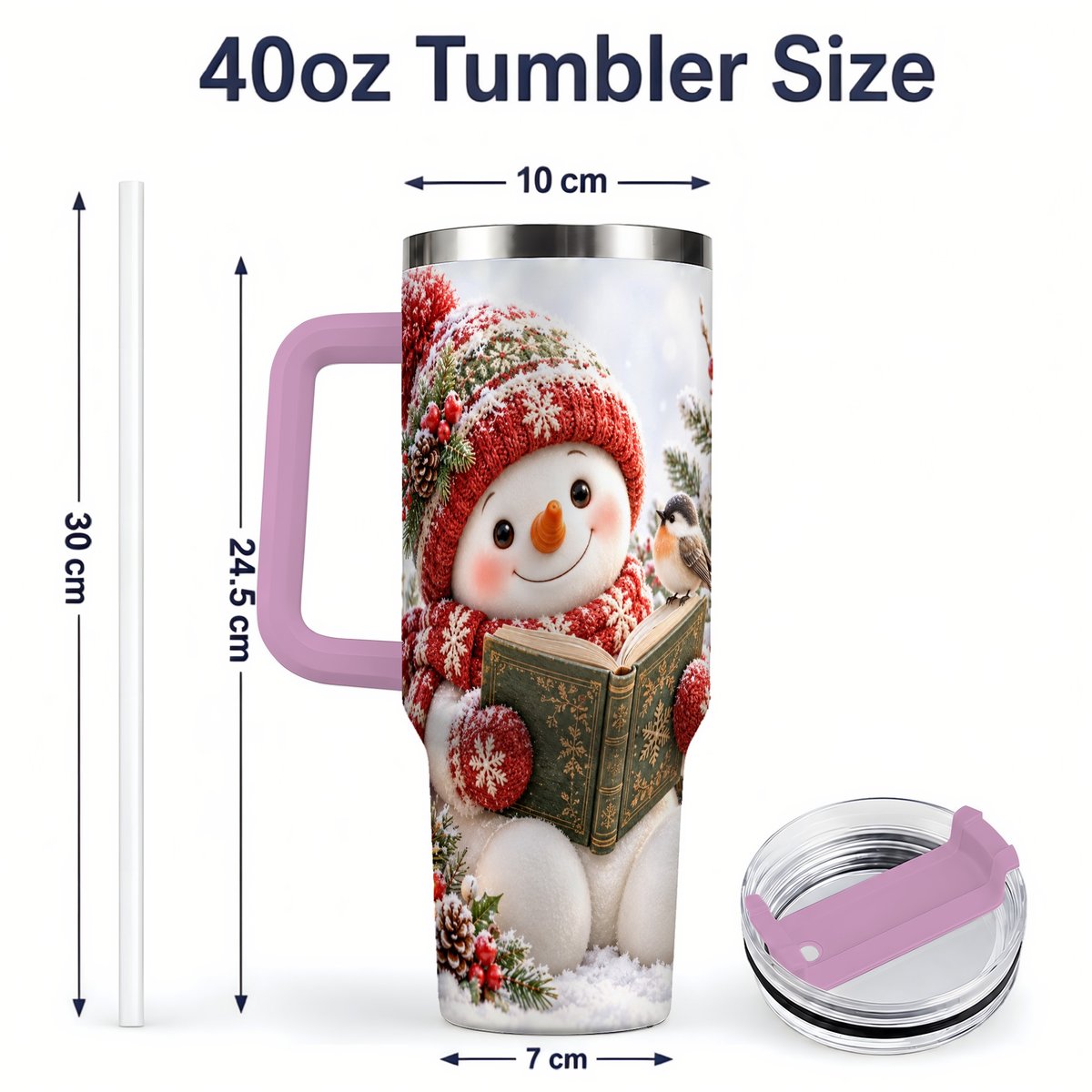 #pl[40oz|Pink] Reading Snowman Tumbler 40oz, Winter Book Artwork