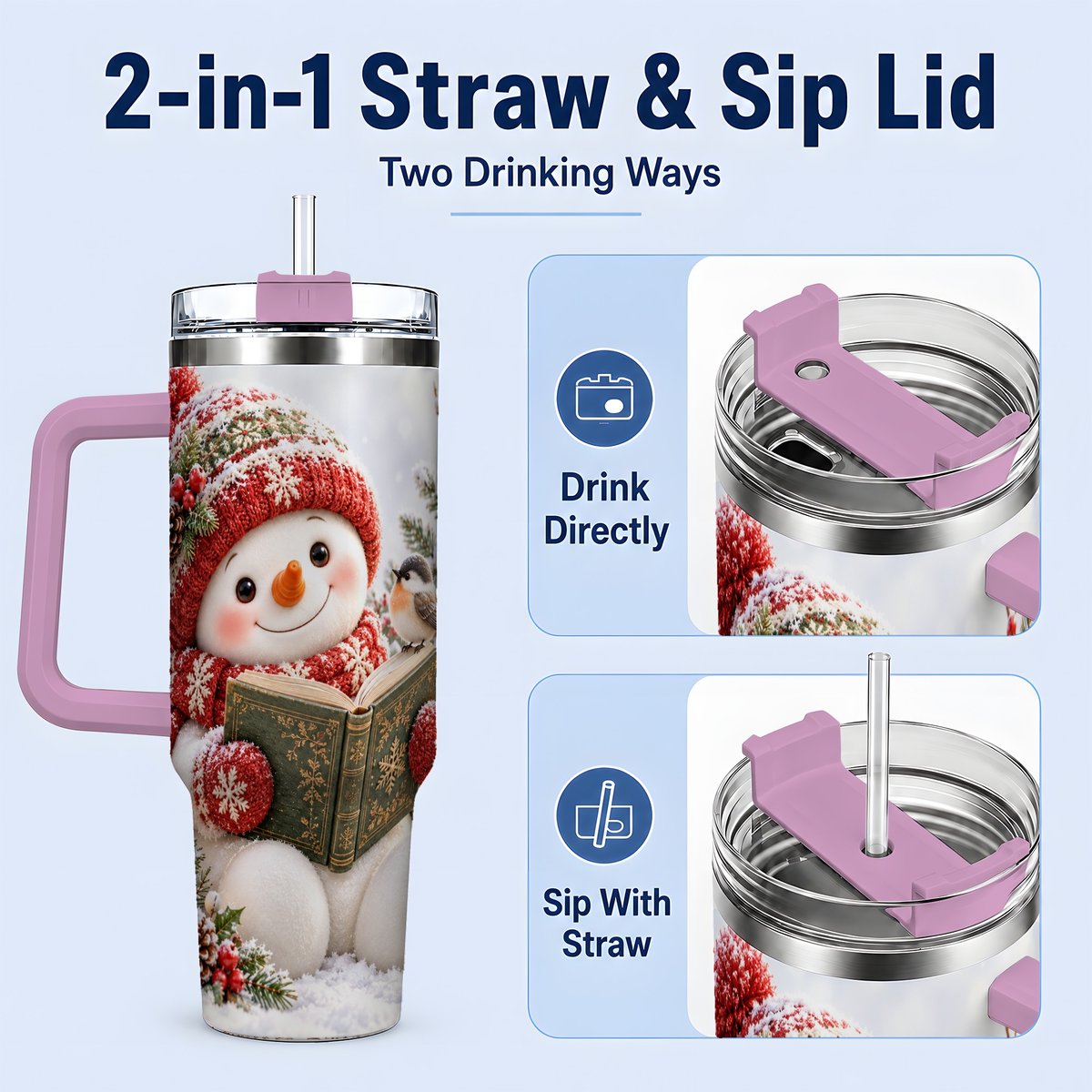 #pl[40oz|Pink] Reading Snowman Tumbler 40oz, Winter Book Artwork