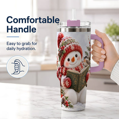 #pl[40oz|Pink] Reading Snowman Tumbler 40oz, Winter Book Artwork