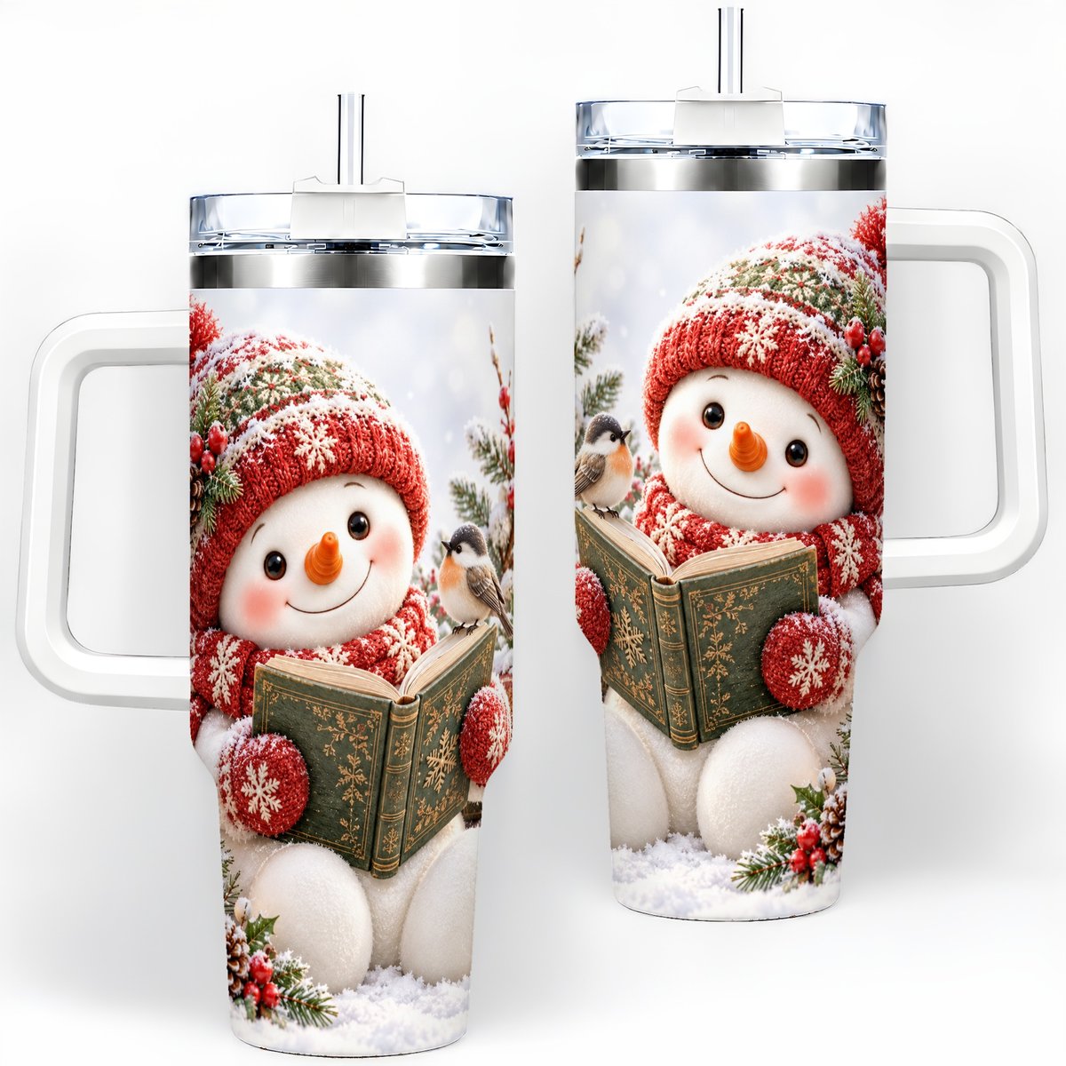 Reading Snowman Tumbler 40oz, Winter Book Artwork