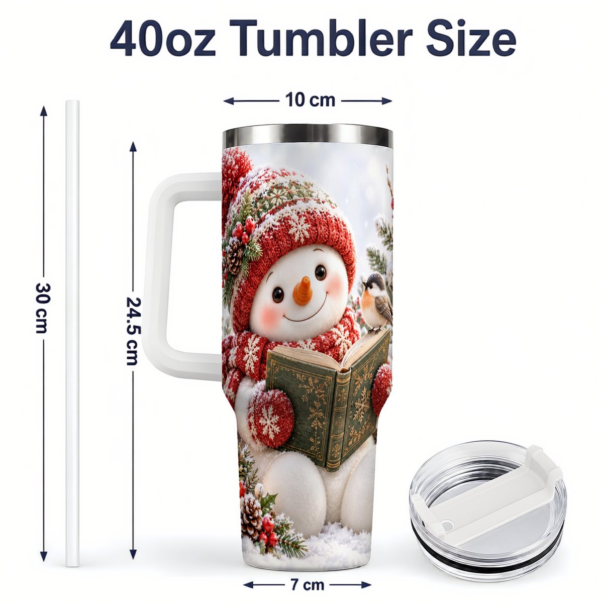 #pl[40oz|White] Reading Snowman Tumbler 40oz, Winter Book Artwork