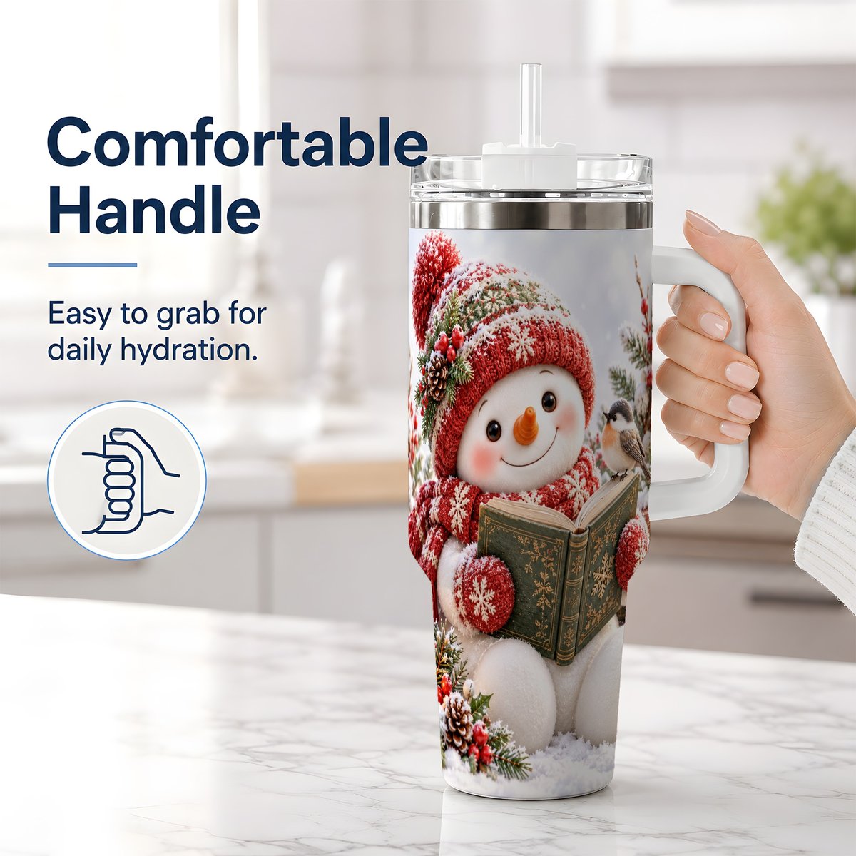 #pl[40oz|White] Reading Snowman Tumbler 40oz, Winter Book Artwork
