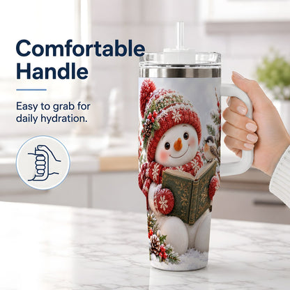 #pl[40oz|White] Reading Snowman Tumbler 40oz, Winter Book Artwork