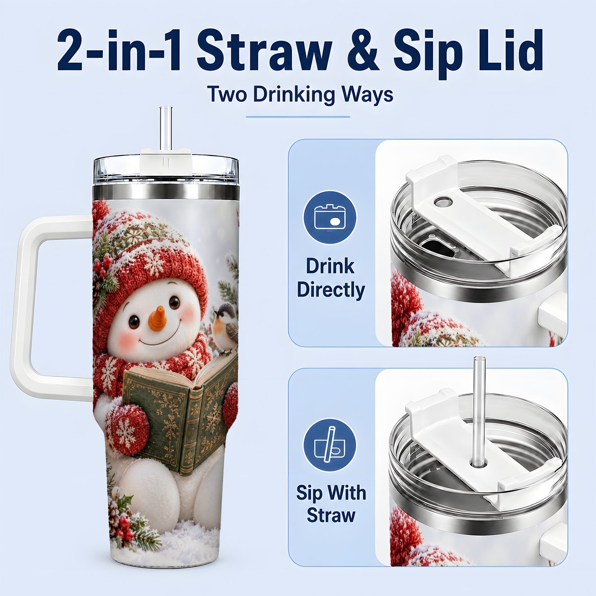 #pl[40oz|White] Reading Snowman Tumbler 40oz, Winter Book Artwork