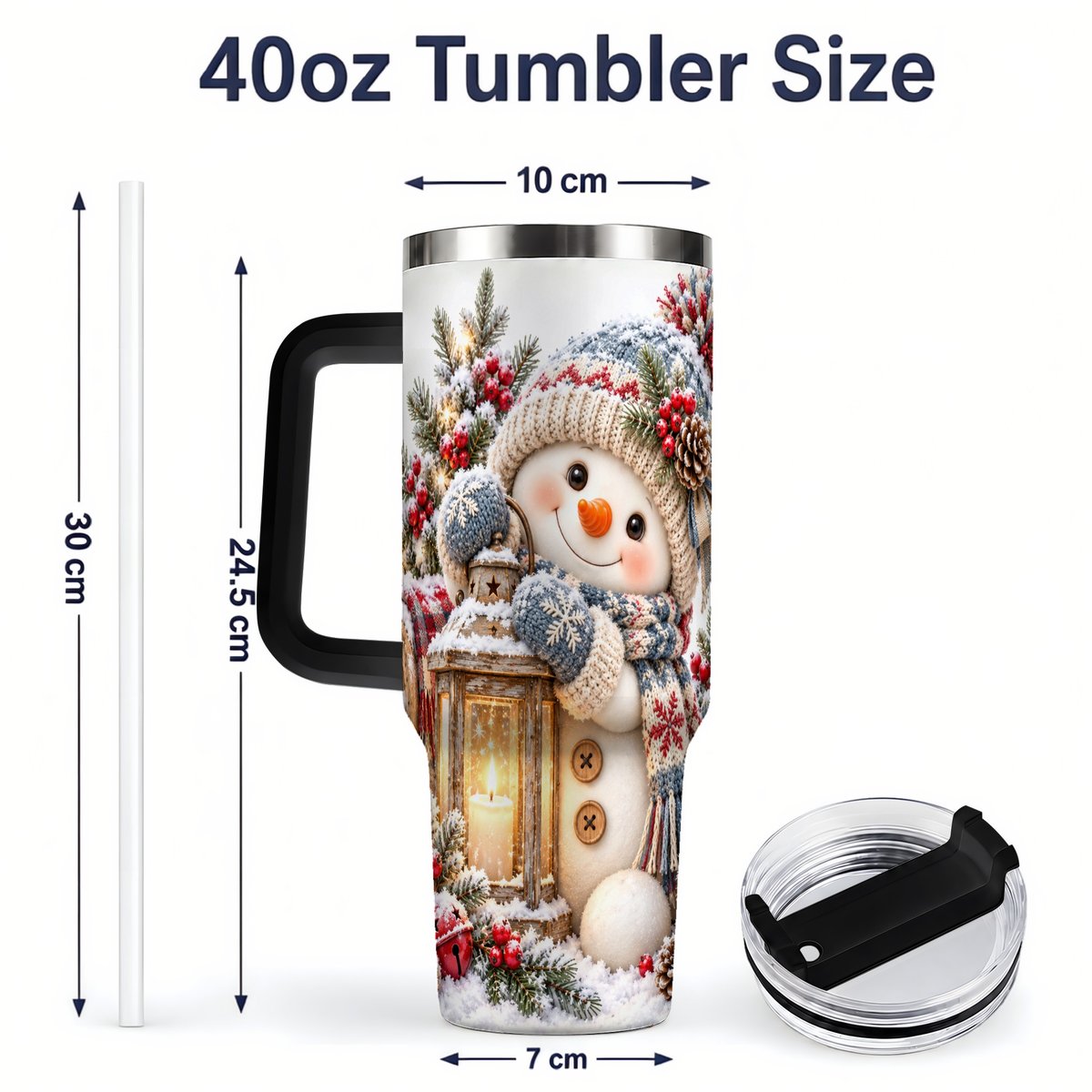 #pl[40oz|Black] Christmas Snowman Tumbler 40oz, Rustic Lantern Artwork