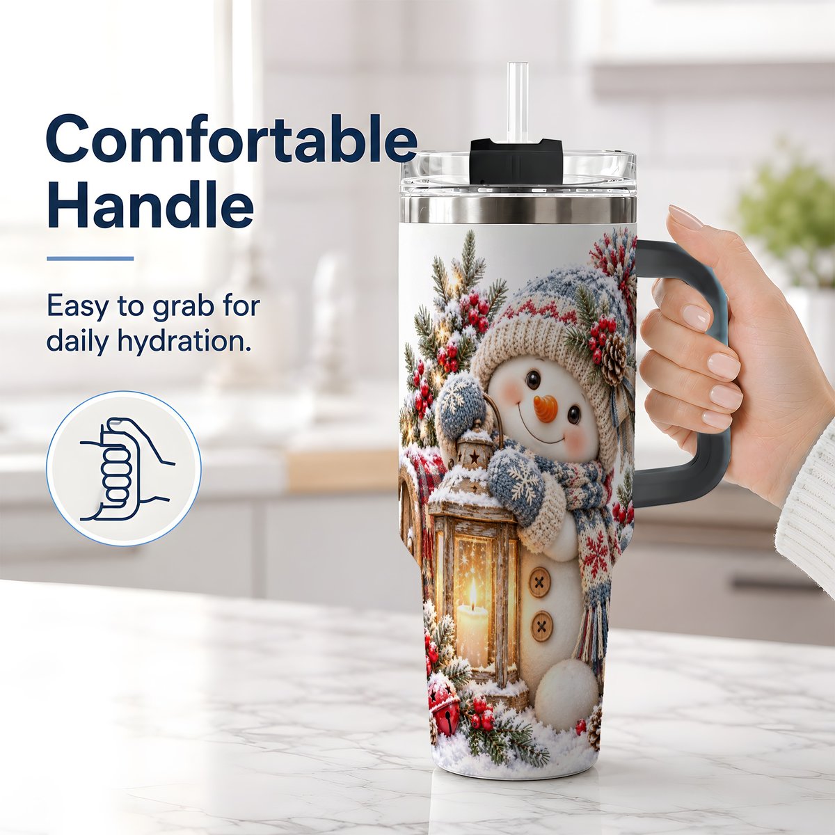 #pl[40oz|Black] Christmas Snowman Tumbler 40oz, Rustic Lantern Artwork