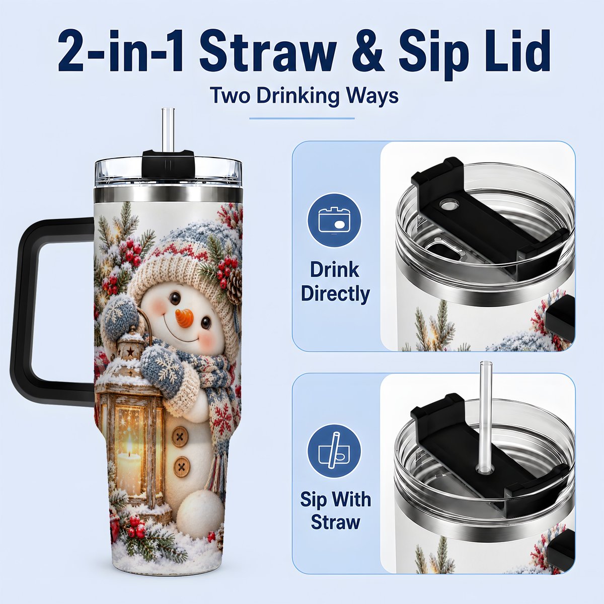 #pl[40oz|Black] Christmas Snowman Tumbler 40oz, Rustic Lantern Artwork