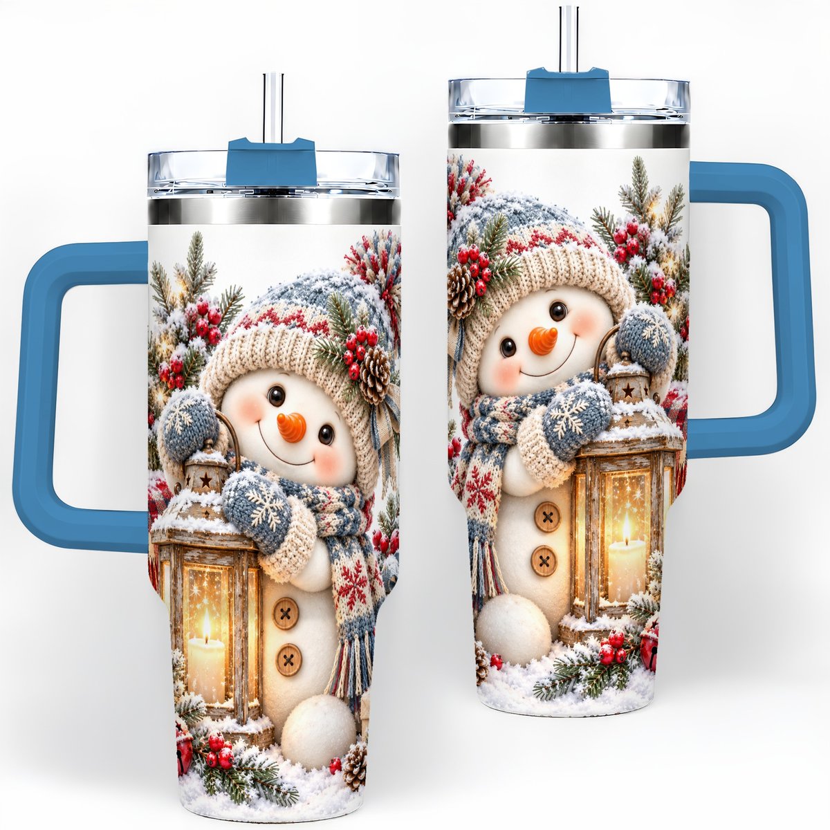 #pl[40oz|Blue] Christmas Snowman Tumbler 40oz, Rustic Lantern Artwork