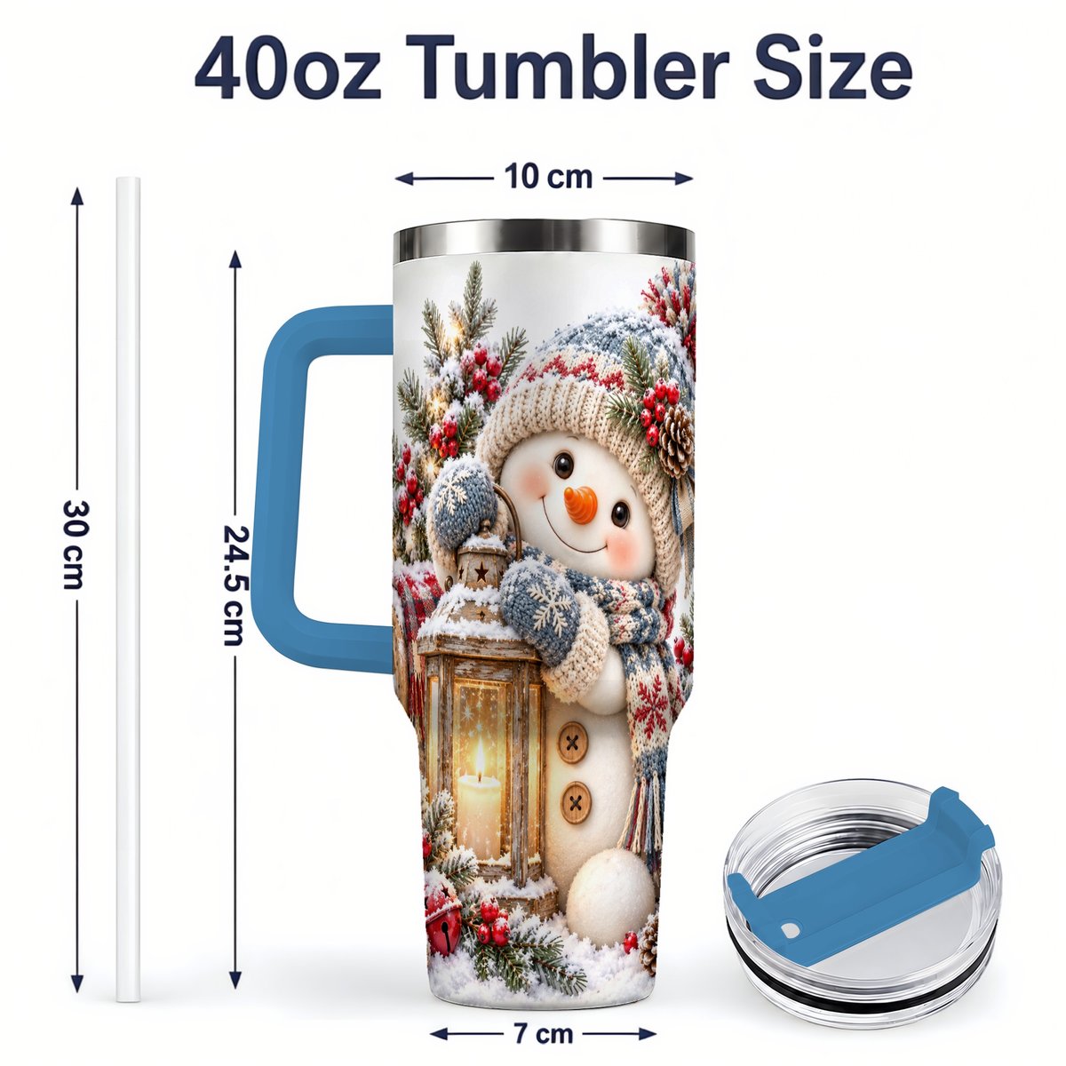 #pl[40oz|Blue] Christmas Snowman Tumbler 40oz, Rustic Lantern Artwork