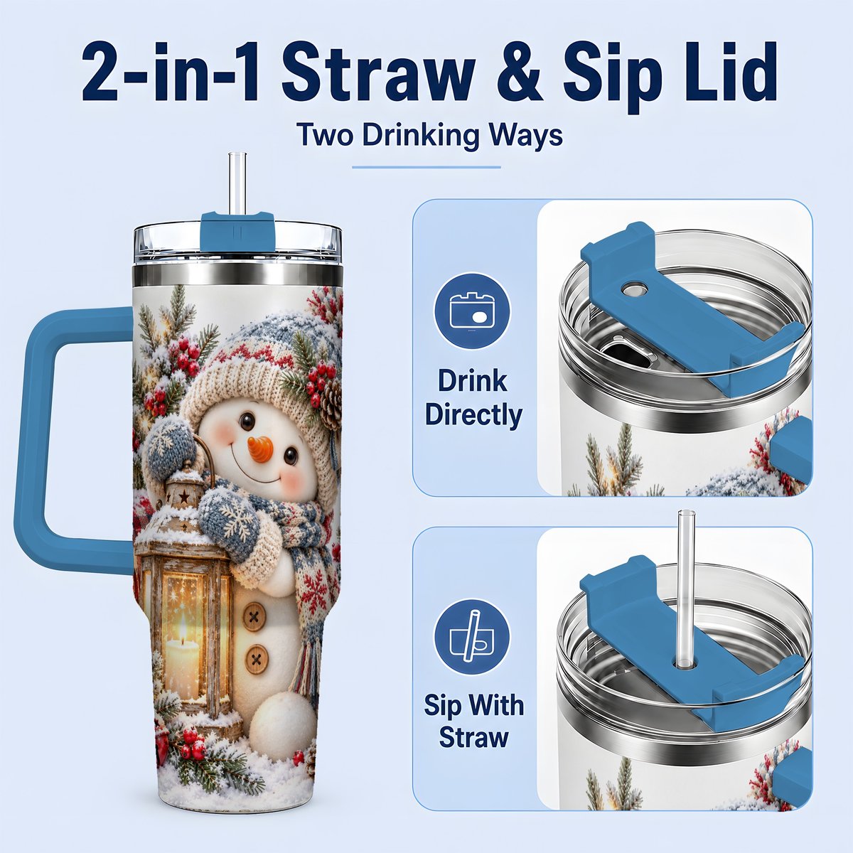 #pl[40oz|Blue] Christmas Snowman Tumbler 40oz, Rustic Lantern Artwork