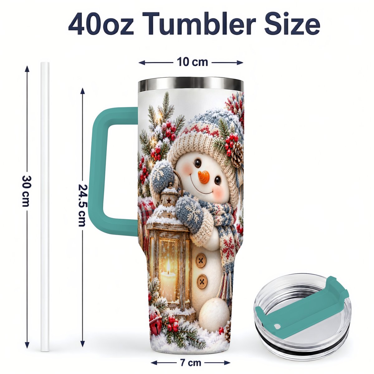 #pl[40oz|Green] Christmas Snowman Tumbler 40oz, Rustic Lantern Artwork