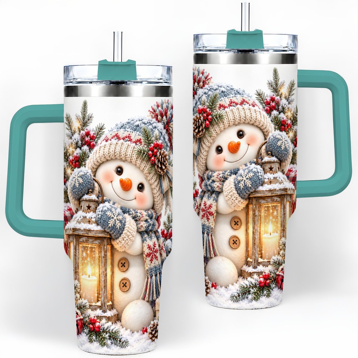 #pl[40oz|Green] Christmas Snowman Tumbler 40oz, Rustic Lantern Artwork