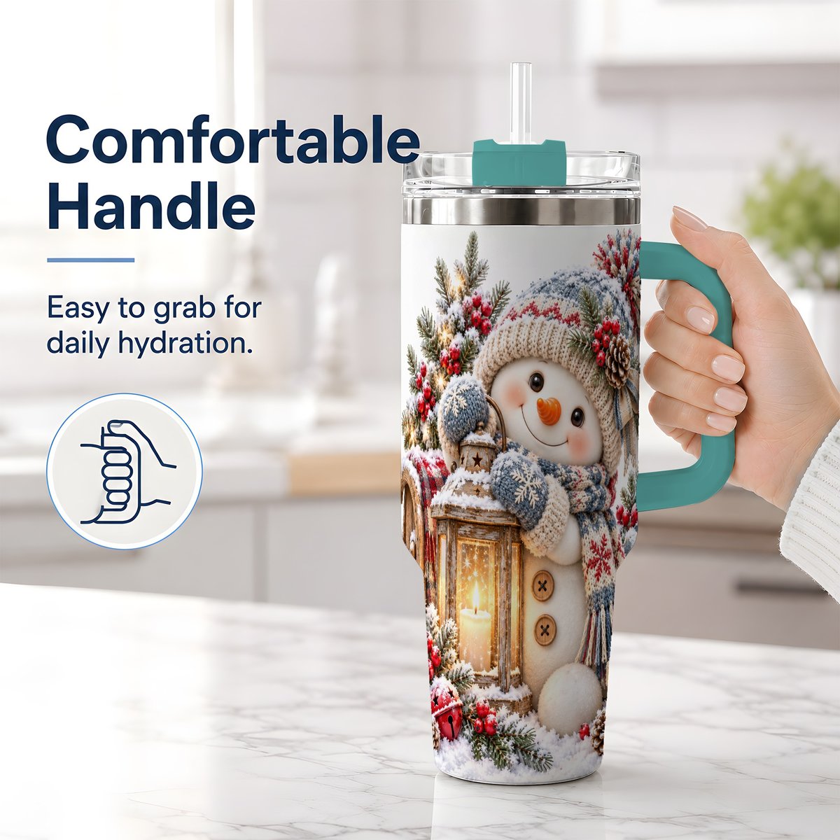 #pl[40oz|Green] Christmas Snowman Tumbler 40oz, Rustic Lantern Artwork