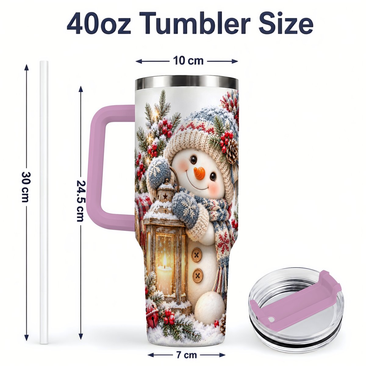 #pl[40oz|Pink] Christmas Snowman Tumbler 40oz, Rustic Lantern Artwork