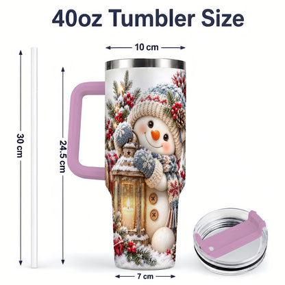 #pl[40oz|Pink] Christmas Snowman Tumbler 40oz, Rustic Lantern Artwork