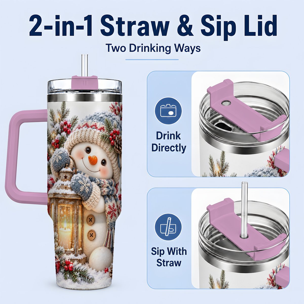 #pl[40oz|Pink] Christmas Snowman Tumbler 40oz, Rustic Lantern Artwork