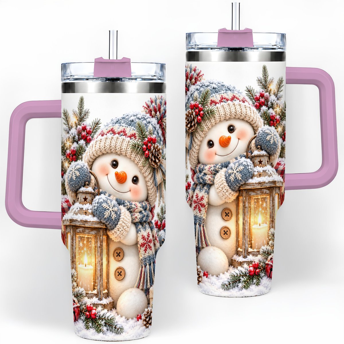 #pl[40oz|Pink] Christmas Snowman Tumbler 40oz, Rustic Lantern Artwork