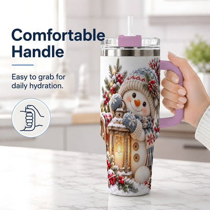 #pl[40oz|Pink] Christmas Snowman Tumbler 40oz, Rustic Lantern Artwork