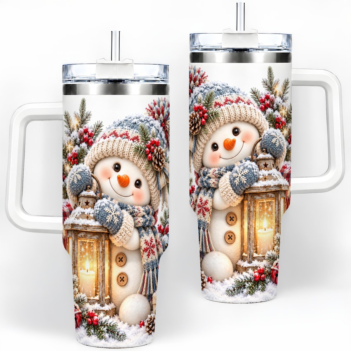 Christmas Snowman Tumbler 40oz, Rustic Lantern Artwork