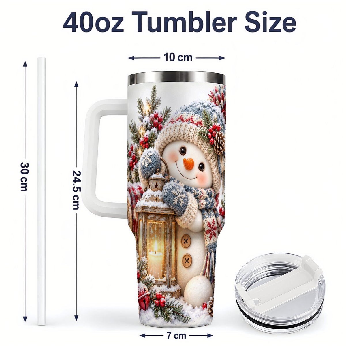 #pl[40oz|White] Christmas Snowman Tumbler 40oz, Rustic Lantern Artwork