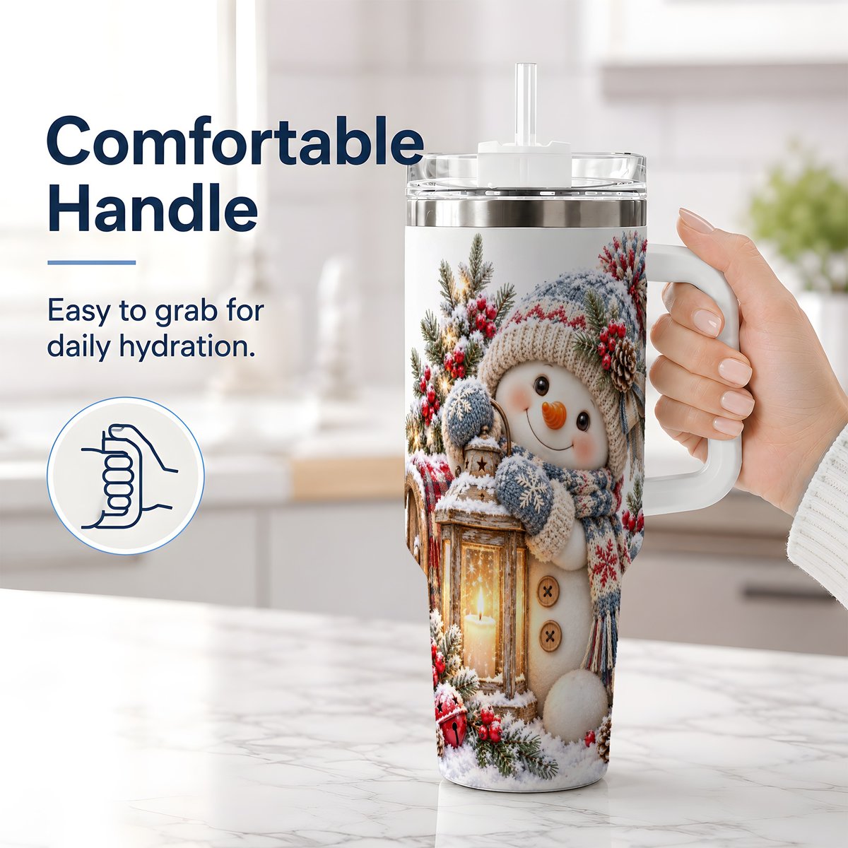#pl[40oz|White] Christmas Snowman Tumbler 40oz, Rustic Lantern Artwork