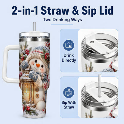 #pl[40oz|White] Christmas Snowman Tumbler 40oz, Rustic Lantern Artwork