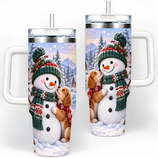 Snowman and Puppy Tumbler 40oz, Winter Cabin Artwork