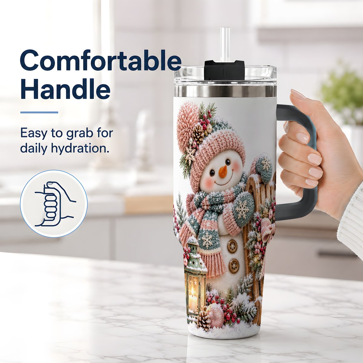 #pl[40oz|Black] Winter Snowman Tumbler 40oz, Pink Scarf and Sleigh Art