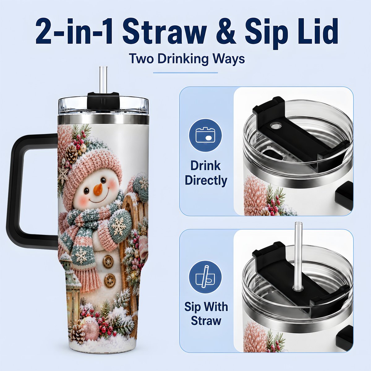 #pl[40oz|Black] Winter Snowman Tumbler 40oz, Pink Scarf and Sleigh Art