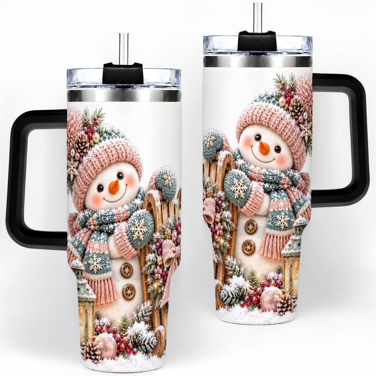 #pl[40oz|Black] Winter Snowman Tumbler 40oz, Pink Scarf and Sleigh Art