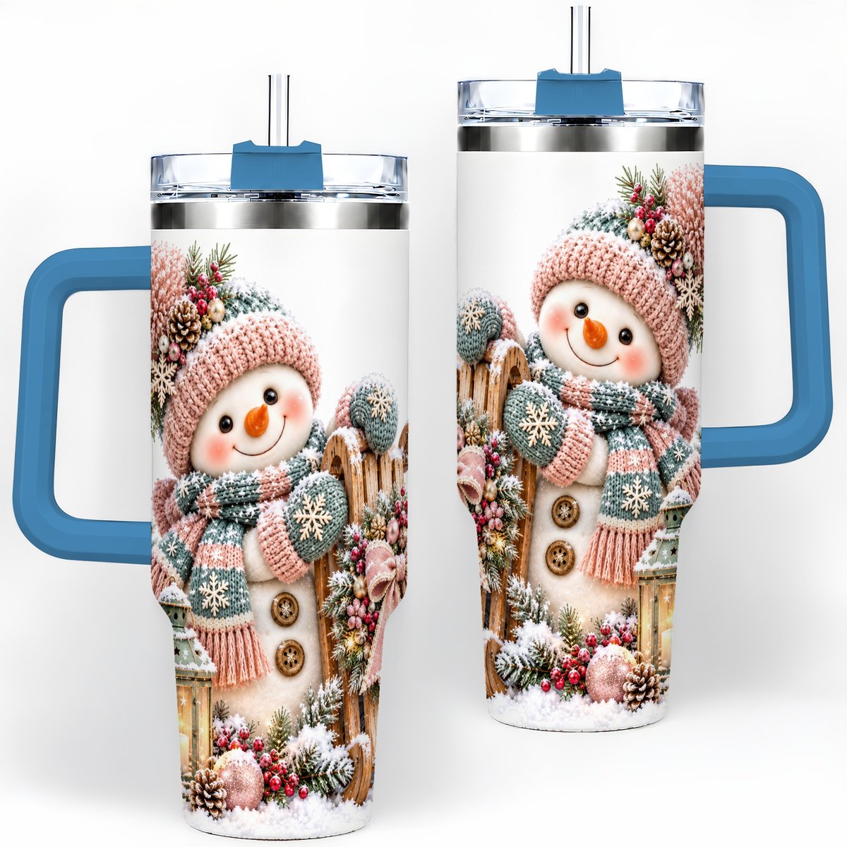 #pl[40oz|Blue] Winter Snowman Tumbler 40oz, Pink Scarf and Sleigh Art