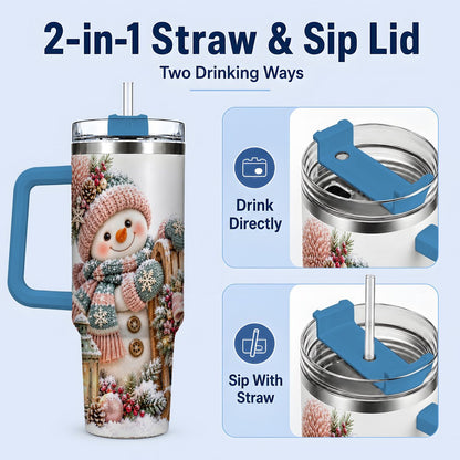 #pl[40oz|Blue] Winter Snowman Tumbler 40oz, Pink Scarf and Sleigh Art
