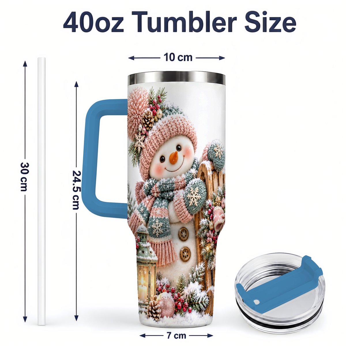 #pl[40oz|Blue] Winter Snowman Tumbler 40oz, Pink Scarf and Sleigh Art