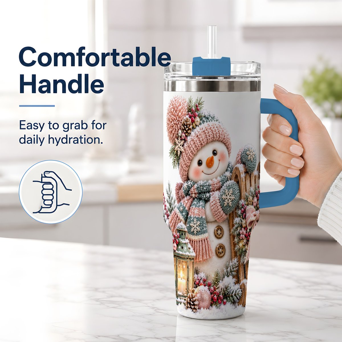 #pl[40oz|Blue] Winter Snowman Tumbler 40oz, Pink Scarf and Sleigh Art