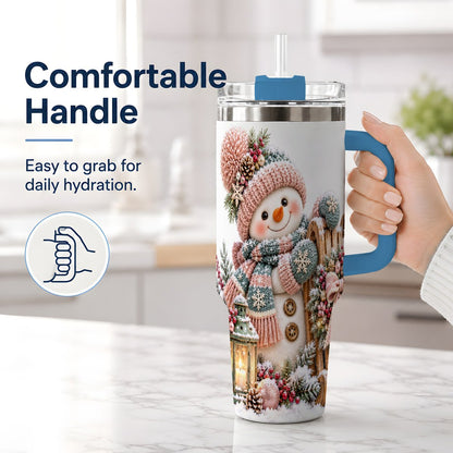 #pl[40oz|Blue] Winter Snowman Tumbler 40oz, Pink Scarf and Sleigh Art