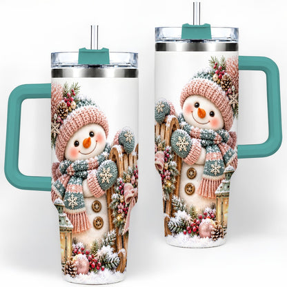 #pl[40oz|Green] Winter Snowman Tumbler 40oz, Pink Scarf and Sleigh Art