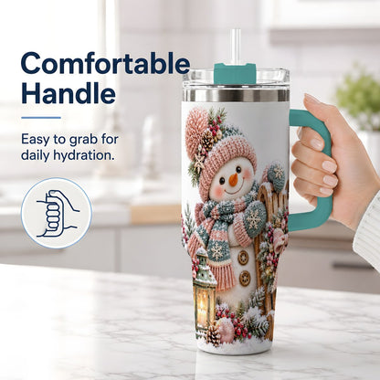#pl[40oz|Green] Winter Snowman Tumbler 40oz, Pink Scarf and Sleigh Art