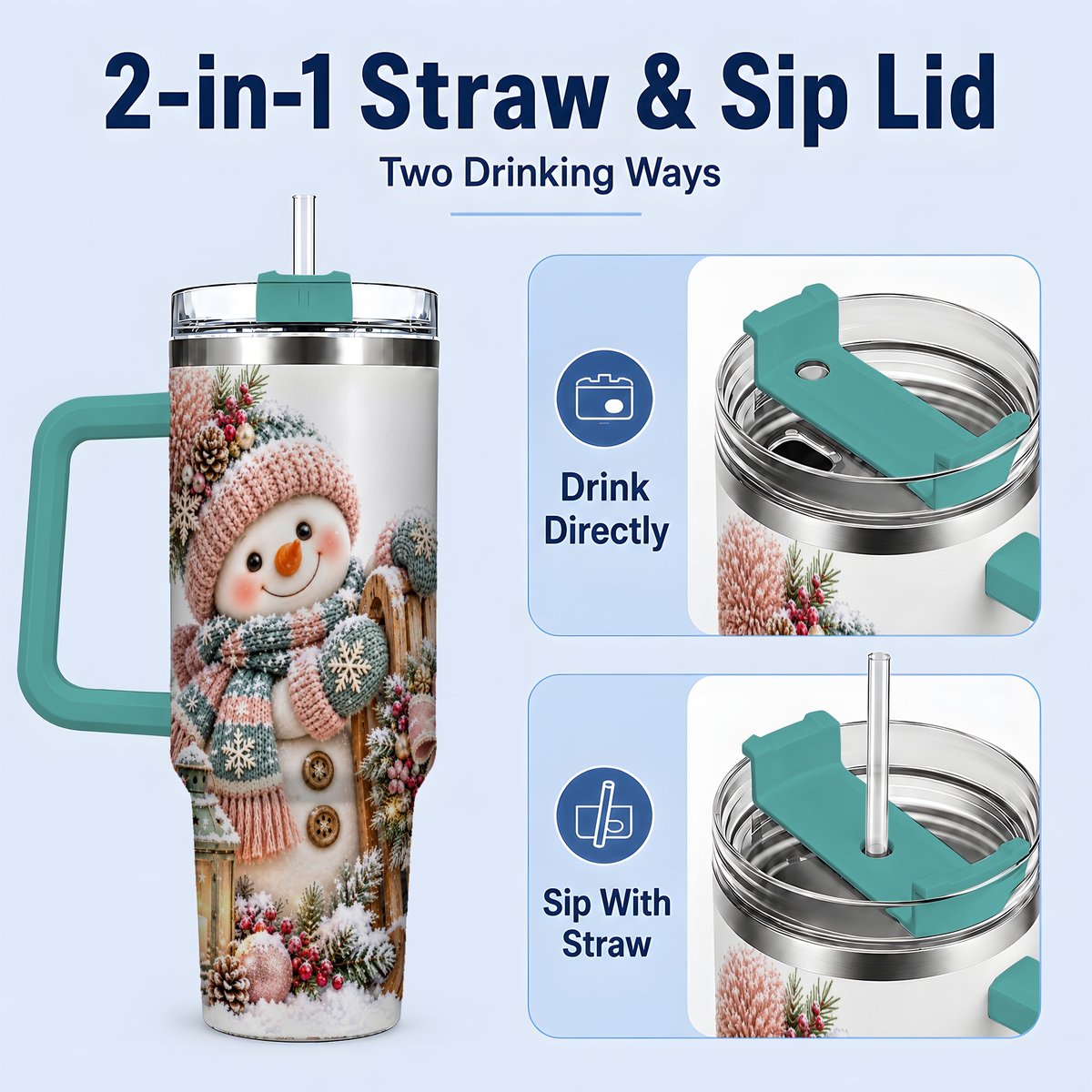 #pl[40oz|Green] Winter Snowman Tumbler 40oz, Pink Scarf and Sleigh Art