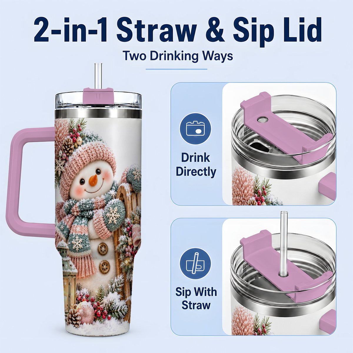 #pl[40oz|Pink] Winter Snowman Tumbler 40oz, Pink Scarf and Sleigh Art