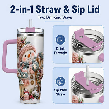 #pl[40oz|Pink] Winter Snowman Tumbler 40oz, Pink Scarf and Sleigh Art