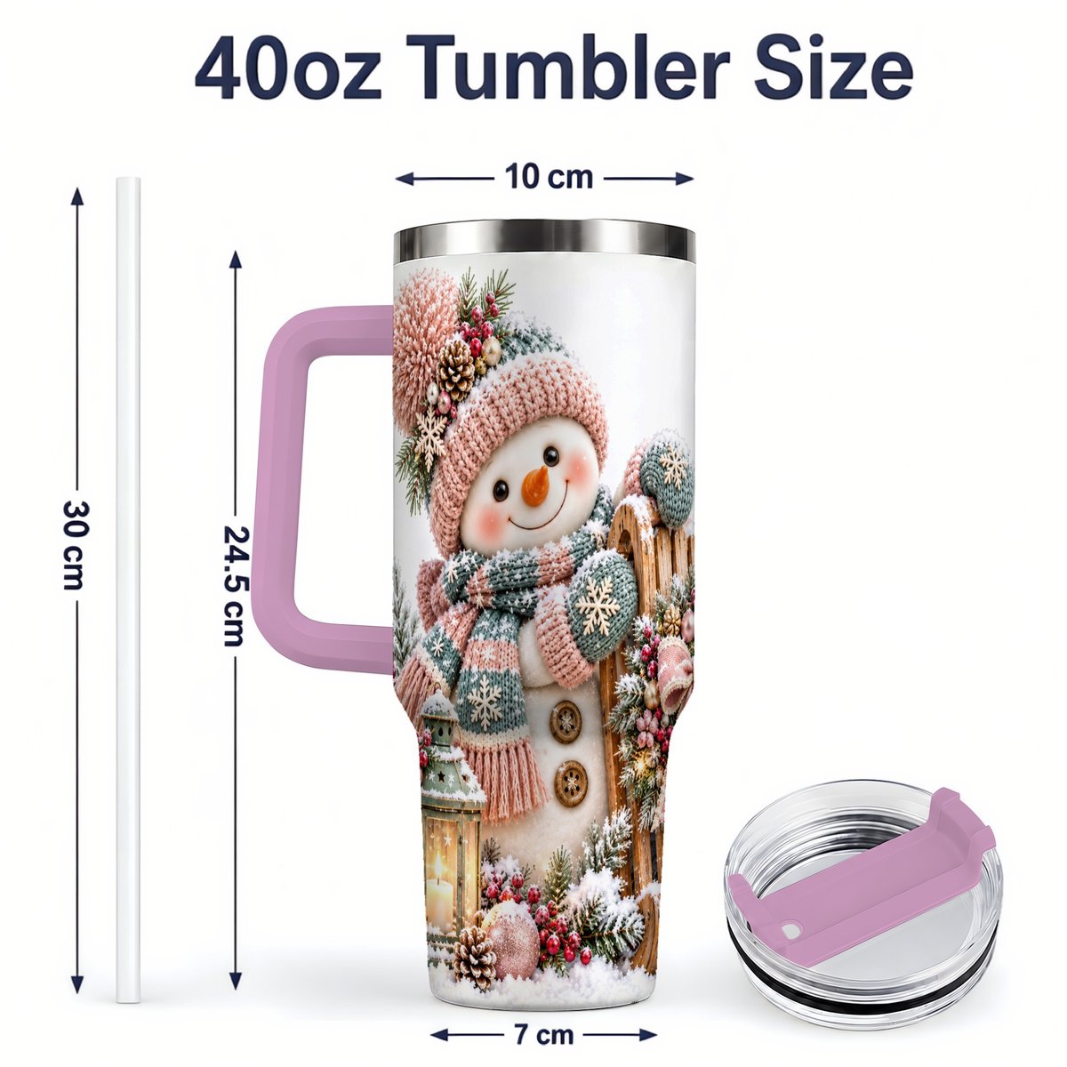 #pl[40oz|Pink] Winter Snowman Tumbler 40oz, Pink Scarf and Sleigh Art