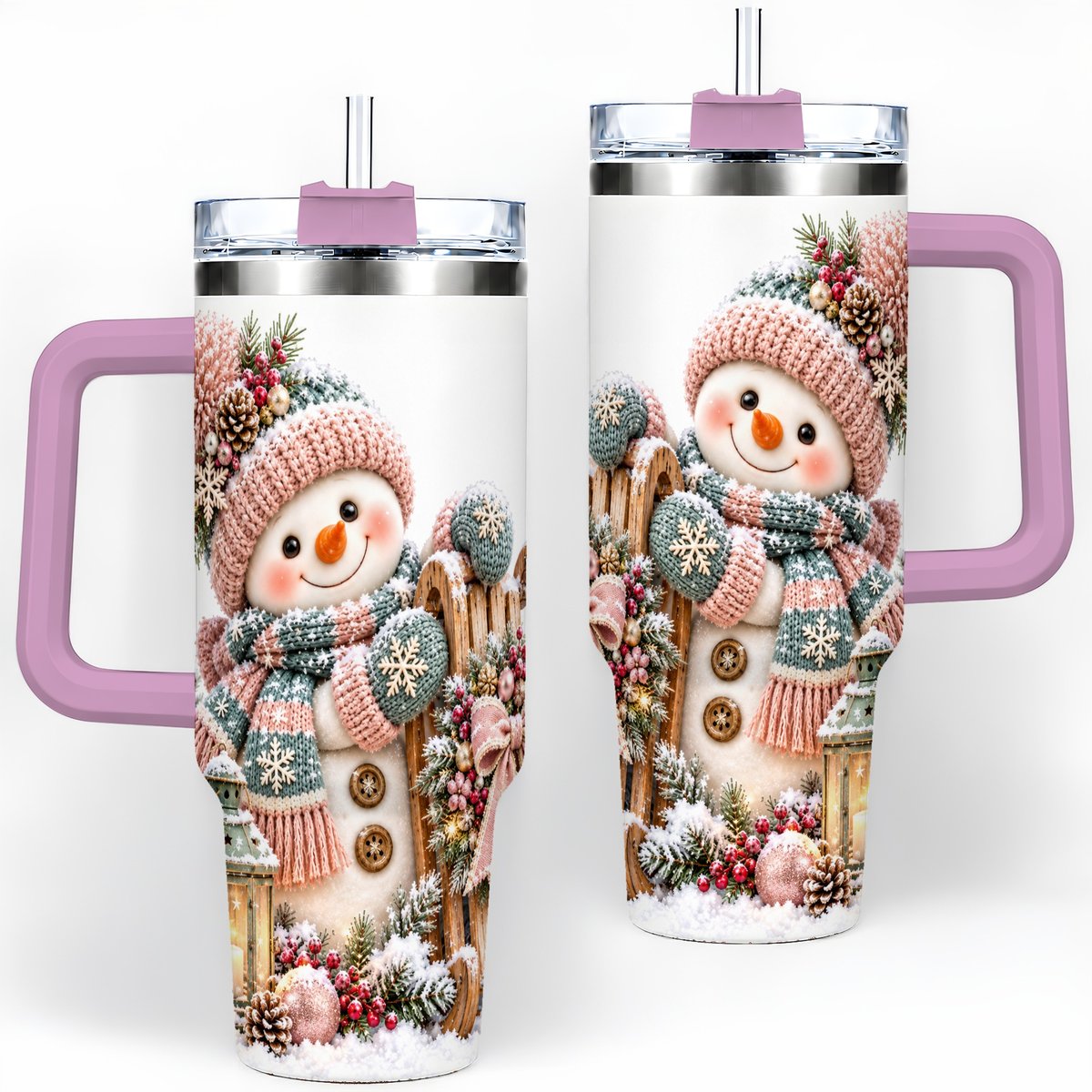 #pl[40oz|Pink] Winter Snowman Tumbler 40oz, Pink Scarf and Sleigh Art