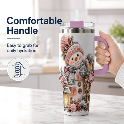 #pl[40oz|Pink] Winter Snowman Tumbler 40oz, Pink Scarf and Sleigh Art